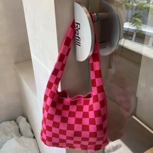 Neon Pink and Red Checked Crochet Knit Tote Bag Purse New
